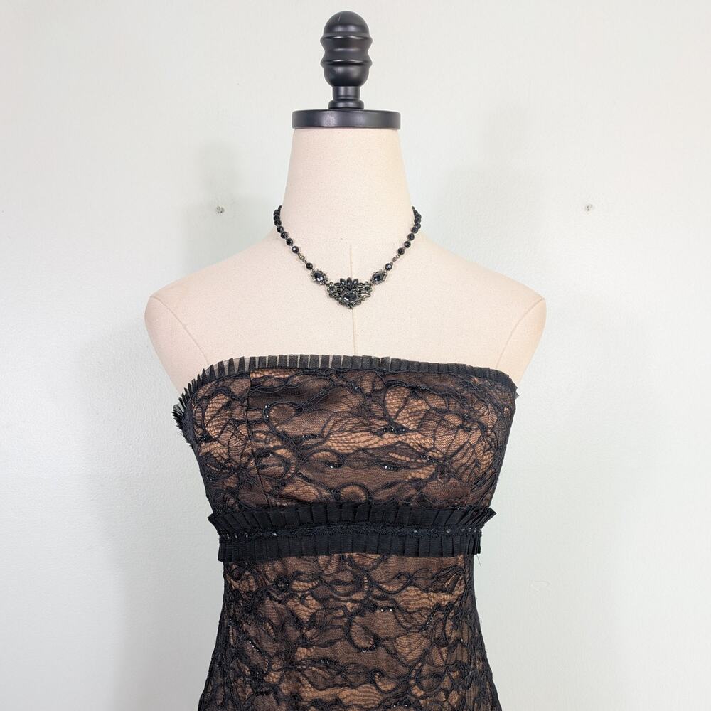 Vintage Badgley Mischka Prom Dress Maxi Gown 2 Black Lace Strapless Guest Glam - Picture 4 of 15
